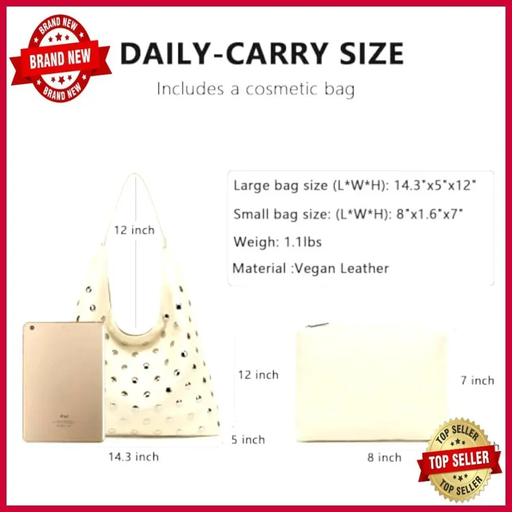 Vegan Leather Studded Hobo Tote Bag, Slouchy Shoulder Purse